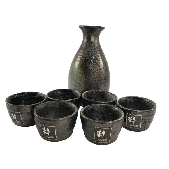 7 Piece Japanese Black Stone Style Ceramic Sake Server Set - Picture 9 of 9